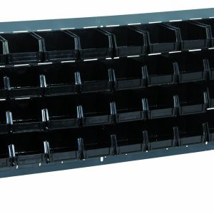 The Quantum Bench Rack features a 16-gauge steel louvered model with a gray enamel finish, includes (32) 5-3/8L x 4-1/8W x 3H black bins across four rows for organizing small items, and measures 36L x 8W x 19H with a slight angle for easy access.