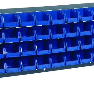 The Quantum Bench Rack measures 36L x 8W x 19H and features a sleek gray enamel finish. It includes 32 blue bins, each measuring 5-3/8L x 4-1/8W x 3H, perfect for organizing small parts or tools on its slightly angled, louvered model constructed from durable 16-gauge steel.