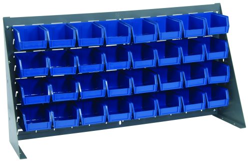 QBR-3619-210-32_BL.jpg The Quantum Bench Rack measures 36L x 8W x 19H and features a sleek gray enamel finish. It includes 32 blue bins, each measuring 5-3/8L x 4-1/8W x 3H, perfect for organizing small parts or tools on its slightly angled, louvered model constructed from durable 16-gauge steel.