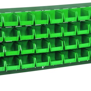 The Quantum Bench Rack, 36L x 8W x 19H, features a gray enamel finish on a green 16-gauge steel louvered model and includes thirty-two 5-3/8L x 4-1/8W x 3H green bins. The angled design ensures easy access and is perfect for organizing small items.