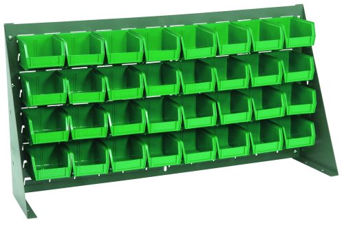 The Quantum Bench Rack, 36L x 8W x 19H, features a gray enamel finish on a green 16-gauge steel louvered model and includes thirty-two 5-3/8L x 4-1/8W x 3H green bins. The angled design ensures easy access and is perfect for organizing small items.