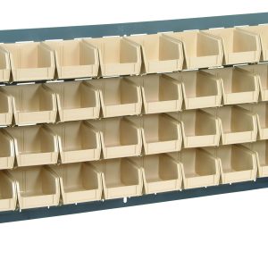 The Quantum Bench Rack is a 36L x 8W x 19H louvered model made of 16-gauge steel with a gray enamel finish. It includes thirty-two ivory bins measuring 5-3/8L x 4-1/8W x 3H, ideal for organizing small items with efficiency and modern design.