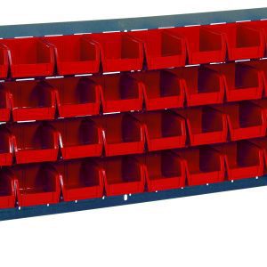 The Quantum Bench Rack is a 36L x 8W x 19H louvered model made of 16 gauge steel with a gray enamel finish. It features sturdy side braces and includes five rows of 32 securely attached red bins, each measuring 5-3/8L x 4-1/8W x 3H.