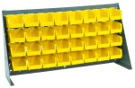 The Quantum Bench Rack features 32 yellow bins (5-3/8L x 4-1/8W x 3H) on a dark gray, louvered metal frame made of 16 gauge steel. Ideal for efficiently storing small parts or tools, this organizer measures 36L x 8W x 19H.