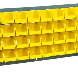 The Quantum Bench Rack features 32 yellow bins (5-3/8L x 4-1/8W x 3H) on a dark gray, louvered metal frame made of 16 gauge steel. Ideal for efficiently storing small parts or tools, this organizer measures 36L x 8W x 19H.