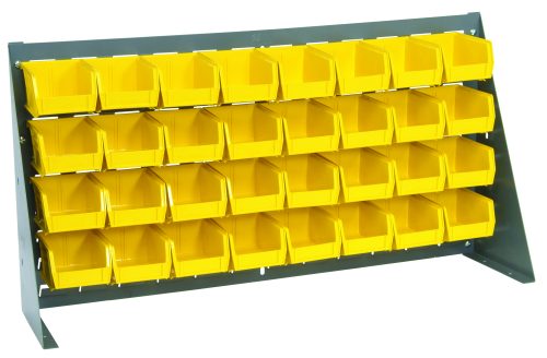 The Quantum Bench Rack features 32 yellow bins (5-3/8L x 4-1/8W x 3H) on a dark gray, louvered metal frame made of 16 gauge steel. Ideal for efficiently storing small parts or tools, this organizer measures 36L x 8W x 19H.