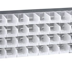 The Quantum Bench Rack, 36L x 8W x 19H, is built from sturdy 16 gauge steel and features a louvered design. It comes with 32 clear bins (7-3/8L x 4-1/8W x 3H) for organizing small items efficiently. Finished in gray enamel, it offers angled access and a grid pattern layout.