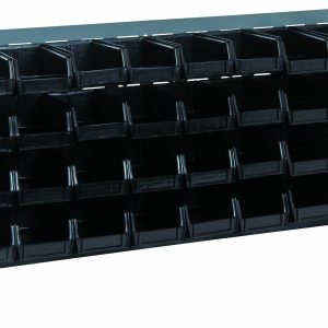 The Quantum Bench Rack, measuring 36L x 8W x 19H, features a gray enamel finish and a louvered design. It includes 32 small black bins for organized storage and is ideal for storing parts.