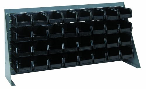 QBR-3619-220-32_BK.jpg The Quantum Bench Rack, measuring 36L x 8W x 19H, features a gray enamel finish and a louvered design. It includes 32 small black bins for organized storage and is ideal for storing parts.