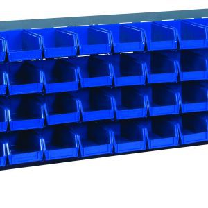 The Quantum Bench Rack is a freestanding, 16-gauge steel louvered model with angled support legs, measuring 36L x 8W x 19H. It features a gray enamel finish and includes 32 small blue bins (7-3/8L x 4-1/8W x 3H) for efficient storage and organization.