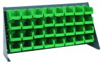 The Quantum Bench Rack, measuring 36L x 8W x 19H, is a robust louvered model crafted from 16-gauge steel. It includes 32 small green bins (7-3/8L x 4-1/8W x 3H) in a grid pattern, angled for easy access and efficient item organization. The rack boasts a gray enamel finish.