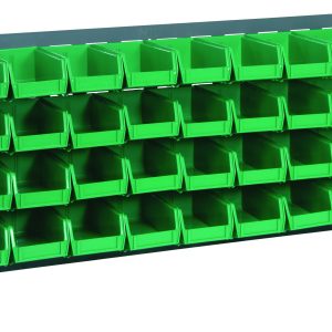 The Quantum Bench Rack, measuring 36L x 8W x 19H, is a robust louvered model crafted from 16-gauge steel. It includes 32 small green bins (7-3/8L x 4-1/8W x 3H) in a grid pattern, angled for easy access and efficient item organization. The rack boasts a gray enamel finish.