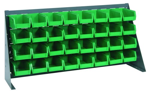 The Quantum Bench Rack, measuring 36L x 8W x 19H, is a robust louvered model crafted from 16-gauge steel. It includes 32 small green bins (7-3/8L x 4-1/8W x 3H) in a grid pattern, angled for easy access and efficient item organization. The rack boasts a gray enamel finish.