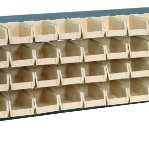 The Quantum Bench Rack, 36L x 8W x 19H, made from 16 gauge steel, features a louvered design with a gray enamel finish and comes with 32 ivory bins (7-3/8L x 4-1/8W x 3H) for organized storage and easy access.