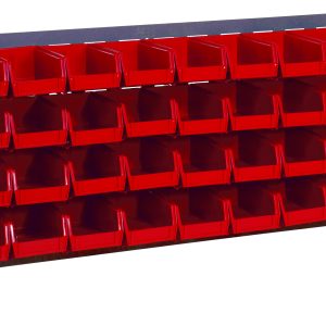 The Quantum Bench Rack, a 36L x 8W x 19H, 16 gauge steel louvered model, includes 32 red bins (7-3/8L x 4-1/8W x 3H) and features a durable gray enamel finish, perfect for organizing tools or small parts.