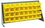 The Quantum Bench Rack in gray enamel, measuring 36L x 8W x 19H, features a 16 gauge steel louvered design and includes five rows of eight yellow bins (32 total), each sized at 7-3/8L x 4-1/8W x 3H. The unit offers organized storage and highlights its sturdy construction.