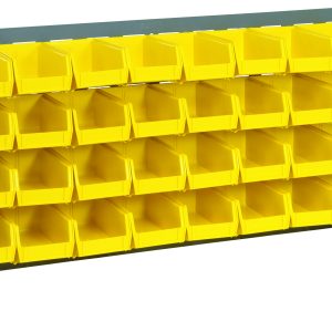 The Quantum Bench Rack in gray enamel, measuring 36L x 8W x 19H, features a 16 gauge steel louvered design and includes five rows of eight yellow bins (32 total), each sized at 7-3/8L x 4-1/8W x 3H. The unit offers organized storage and highlights its sturdy construction.