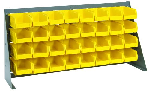 The Quantum Bench Rack in gray enamel, measuring 36L x 8W x 19H, features a 16 gauge steel louvered design and includes five rows of eight yellow bins (32 total), each sized at 7-3/8L x 4-1/8W x 3H. The unit offers organized storage and highlights its sturdy construction.
