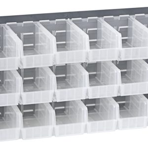 The Quantum Bench Rack features a 36L x 8W x 19H wall-mounted design in gray enamel with a sturdy 16-gauge steel louvered frame and includes 18 clear bins, each measuring 10-7/8L x 5-1/2W x 5H, offering easily accessible compartments fitting perfectly into any space.