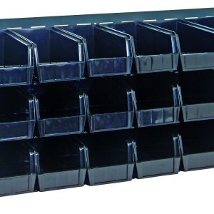 The Quantum Bench Rack, measuring 36L x 8W x 19H, is a sleek gray enamel louvered model made from 16-gauge steel. It includes three rows of grids to neatly organize its 18 black bins (each 10-7/8L x 5-1/2W x 5H), ideal for small parts or tools.