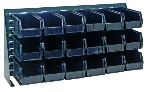 The Quantum Bench Rack, measuring 36L x 8W x 19H, is a sleek gray enamel louvered model made from 16-gauge steel. It includes three rows of grids to neatly organize its 18 black bins (each 10-7/8L x 5-1/2W x 5H), ideal for small parts or tools.