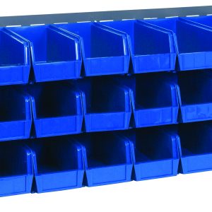 The Quantum Bench Rack is a 36L x 8W x 19H unit made of 16 gauge steel with a louvered design and includes eighteen 10-7/8L x 5-1/2W x 5H blue bins. It has a gray enamel finish and can be wall-mounted or placed on a workbench.