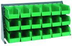 The Quantum Bench Rack, measuring 36L x 8W x 19H, features a 16 gauge steel louvered model with a gray enamel finish and includes 18 green bins (10-7/8L x 5-1/2W x 5H) in three neatly aligned rows for organizing small items.