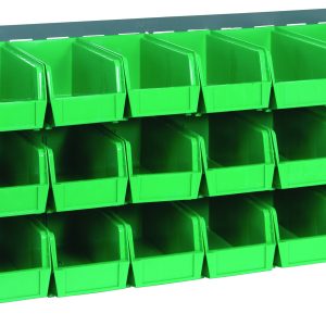 The Quantum Bench Rack, measuring 36L x 8W x 19H, features a 16 gauge steel louvered model with a gray enamel finish and includes 18 green bins (10-7/8L x 5-1/2W x 5H) in three neatly aligned rows for organizing small items.