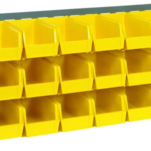 The Quantum Bench Rack, a 36L x 8W x 19H unit in gray enamel finish, offers four rows of open-top yellow plastic bins measuring 10-7/8L x 5-1/2W x 5H for spacious organization. Made with sturdy 16 gauge steel louvered model construction, it includes a total of eighteen bins.