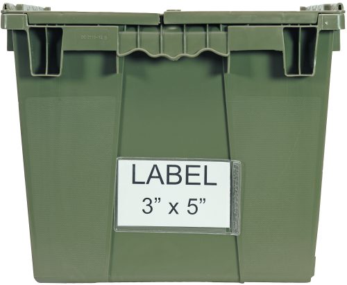A green plastic storage bin with a closed lid features a Quantum Adhesive Label Holder, 5 x 3. Two handles on either side ensure easy carrying. Clear label holders come in packs of 24 for versatile organization.