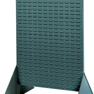 The Quantum Rack is a versatile double-sided louvered panel made of gray enamel-coated 16-gauge steel, measuring 36W X 25D X 66H with a 2,000 lb. capacity and supported by triangular legs.