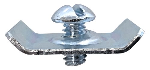Close-up of a butterfly bolt, featuring a slotted round head and wing-like extensions. This shiny silver hardware is essential for the Quantum Disk And Screw Kit to mount QTB bins onto frame rails, available in a pack of 2.