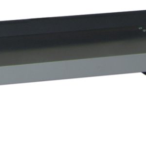 The Quantum Dolly is a gray, rectangular metal dolly with dimensions 36-5/8L x 25-1/5W x 8H. It features two rigid and two swivel black rubber casters for easy mobility, supporting up to 1200 lbs, ideal for double-sided sloped shelving systems.