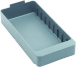 The Quantum Super Tuff Euro Drawer is a gray, rectangular 11-5/8L x 5-9/16W x 2-1/8H tray made from high-impact polystyrene in the USA, featuring a smooth surface with slightly raised edges, vertical slots on one inner side, and a small tab on one end.