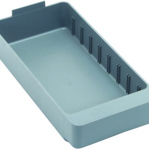 The Quantum Super Tuff Euro Drawer is a gray, rectangular 11-5/8L x 5-9/16W x 2-1/8H tray made from high-impact polystyrene in the USA, featuring a smooth surface with slightly raised edges, vertical slots on one inner side, and a small tab on one end.