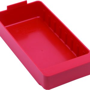 The Quantum Super Tuff Euro Drawer is a red, rectangular storage bin made of high-impact polystyrene in the USA. It measures 11-5/8L x 5-9/16W x 2-1/8H, has a smooth base, raised edges on one side, and ridges inside—ideal for organizing small items.