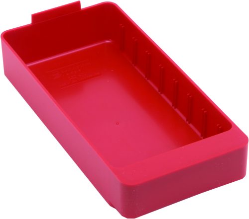 The Quantum Super Tuff Euro Drawer is a red, rectangular storage bin made of high-impact polystyrene in the USA. It measures 11-5/8L x 5-9/16W x 2-1/8H, has a smooth base, raised edges on one side, and ridges inside—ideal for organizing small items.