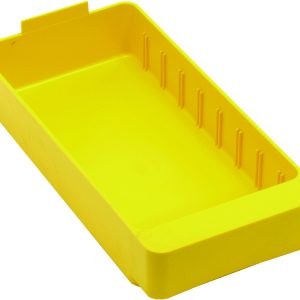 The yellow Quantum Super Tuff Euro Drawer, made in the USA from high-impact polystyrene, measures 11-5/8L x 5-9/16W x 2-1/8H. It features a smooth interior, eight small vertical ridges on one side, and a tab for easy handling.