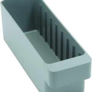 The Quantum Super Tuff Euro Drawer, a rectangular gray storage bin made in the USA from high-impact polystyrene, features a slightly raised back and vertical grooves. Measuring 11-5/8L x 2-3/4W x 4-3/8H, its ideal for organizing or holding small items securely.