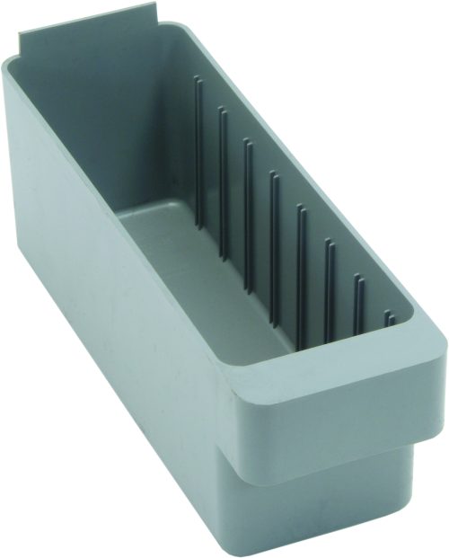 QED501_GY.jpg The Quantum Super Tuff Euro Drawer, a rectangular gray storage bin made in the USA from high-impact polystyrene, features a slightly raised back and vertical grooves. Measuring 11-5/8L x 2-3/4W x 4-3/8H, its ideal for organizing or holding small items securely.