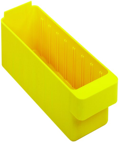 QED501_YL.jpg The Quantum Super Tuff Euro Drawer features a high-impact polystyrene design with a bright yellow rectangular exterior, smooth edges, inner vertical ridges, and an open top, ideal for secure item storage. Dimensions: 11-5/8L x 2-3/4W x 4-3/8H. Made in USA.