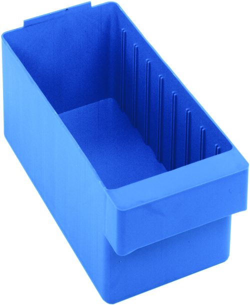 QED601_BL.jpg The Quantum Super Tuff Euro Drawer, made in the USA from high-impact polystyrene, is blue and rectangular with ribbed inner sides. Measuring 11-7/8L x 5-9/16W x 4-5/8H, it features an open-top design for easy access and stacking with similar bins.