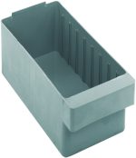 The Quantum Super Tuff Euro Drawer is a gray, rectangular storage bin made of high-impact polystyrene, measuring 11-7/8L x 5-9/16W x 4-5/8H, proudly made in the USA for reliable storage.