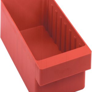 The Quantum Super Tuff Euro Drawer is a red, rectangular storage bin made of high-impact polystyrene, measuring 11-7/8L x 5-9/16W x 4-5/8H. It features an open top, ribbed interior sides, and closed bottom and is ideal for organizing small items. Made in the USA.