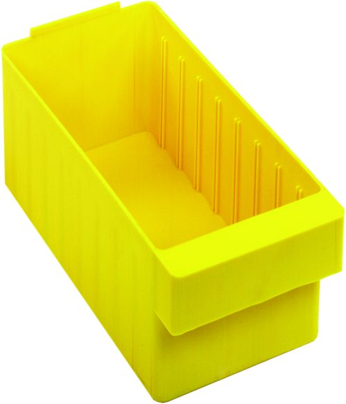 QED601_YL.jpg Discover the Quantum Super Tuff Euro Drawer, an 11-7/8L x 5-9/16W x 4-5/8H bright yellow storage bin made in the USA from high-impact polystyrene. Its open top, ribbed interior sides, and raised front edge are perfect for organizing small items with easy access.