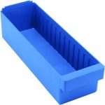 The Quantum Super Tuff Euro Drawer is a blue, rectangular bin made from high-impact polystyrene, measuring 17-3/4L x 5-9/16W x 4-5/8H. It features a ribbed interior for organization, an open top, and a solid base for versatile storage. Made in the USA.