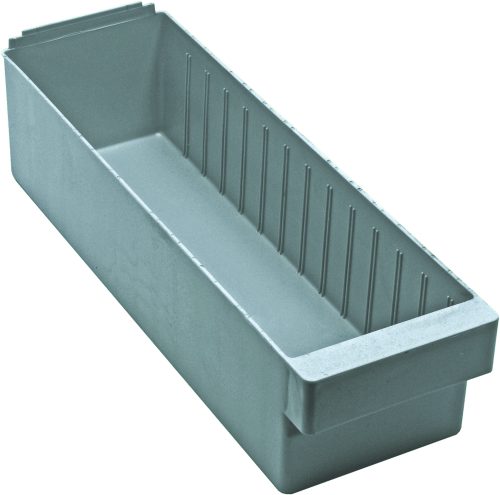 QED602_GY.jpg The Quantum Super Tuff Euro Drawer, measuring 17-3/4L x 5-9/16W x 4-5/8H, is a gray high-impact polystyrene rectangular storage bin with ribbed sides and an open top for easy organizing or storing various items, proudly made in the USA.