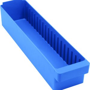 Meet the Quantum Super Tuff Euro Drawer, a 24L x 5-9/16W x 4-5/8H blue high-impact polystyrene bin. Made in the USA, it boasts ribbed inner sides for organization, smooth outer walls, and a flared top edge to stylishly declutter your space.