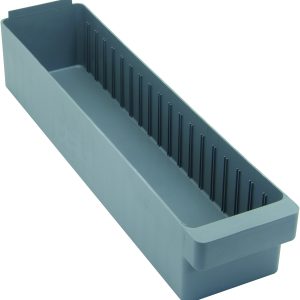The Quantum Super Tuff Euro Drawer is a gray, USA-made storage bin with ridged interior sides and a smooth, slightly raised edge. Measuring 24L x 5-9/16W x 4-5/8H, its open top offers a deep interior ideal for organizing items. Constructed from high-impact polystyrene.