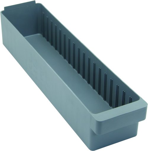 The Quantum Super Tuff Euro Drawer is a gray, USA-made storage bin with ridged interior sides and a smooth, slightly raised edge. Measuring 24L x 5-9/16W x 4-5/8H, its open top offers a deep interior ideal for organizing items. Constructed from high-impact polystyrene.